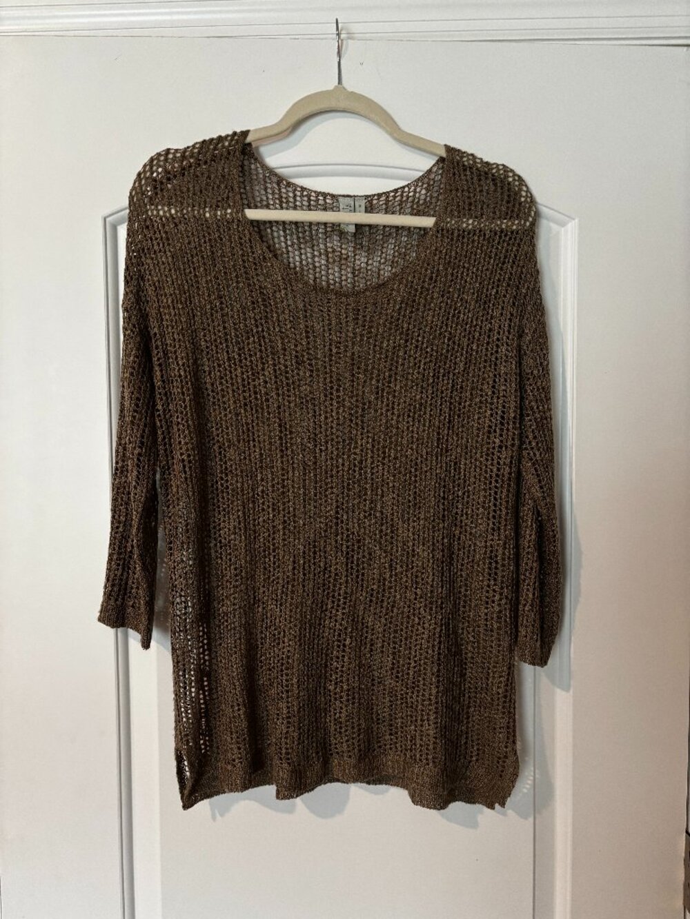 Sahalie M Wheat Crochet Stitch 3/4 Sleeve Oval Neck Tunic